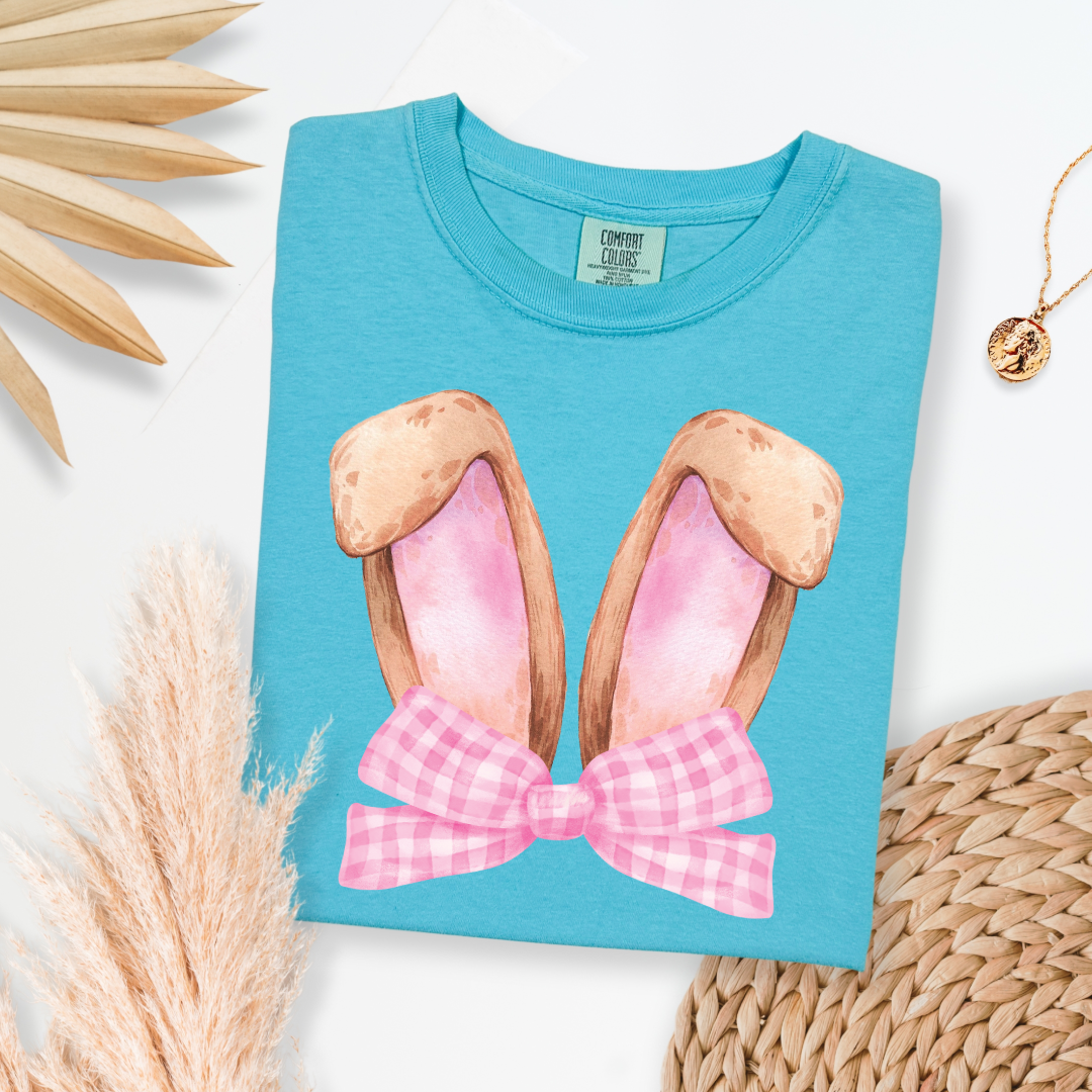 Customized bunny ears silhouette with pink gingham bow watercolor adult lagoon blue comfort color tee matching youth available 