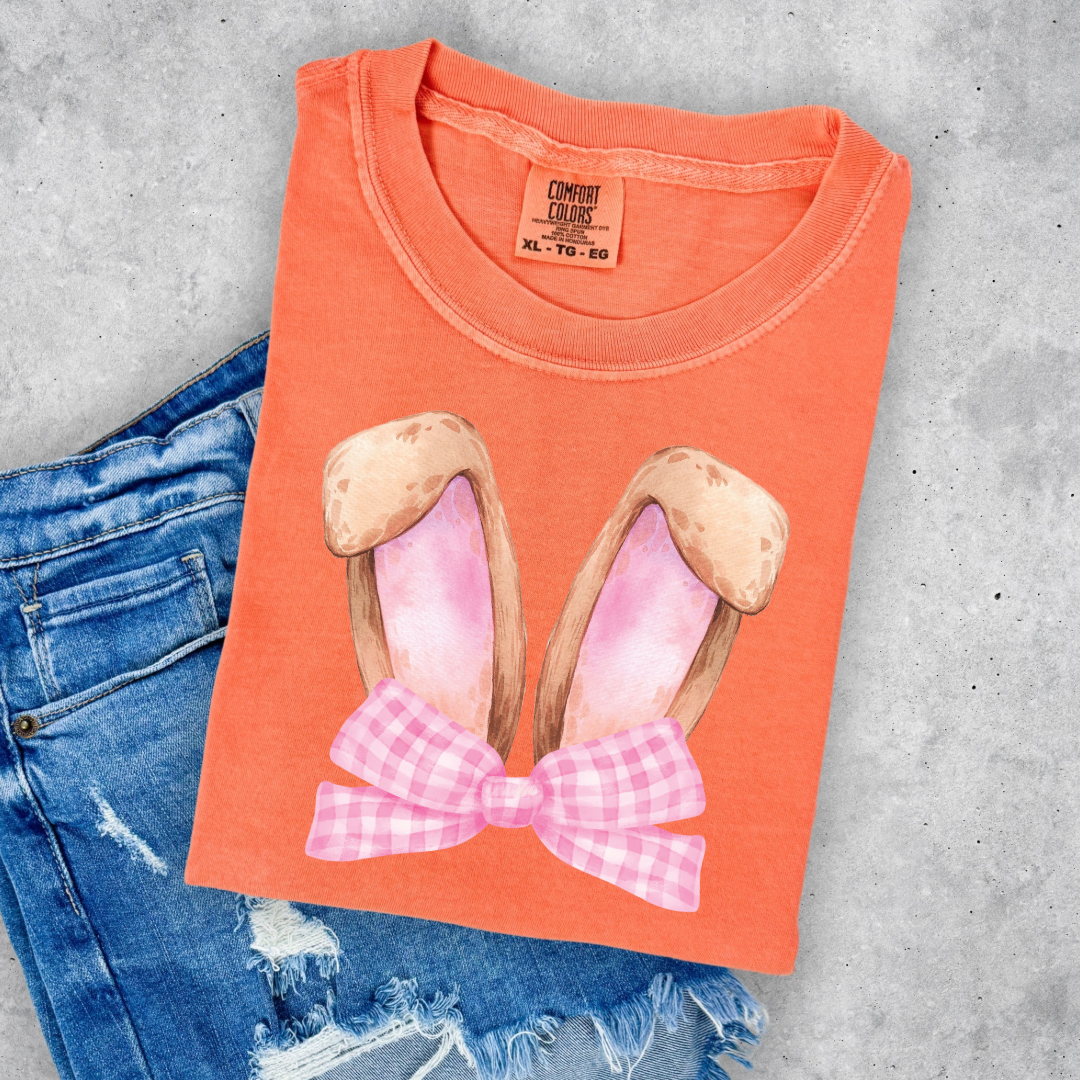 Customized bunny ears silhouette with pink gingham bow watercolor adult/youth melon comfort color tee matching youth available 