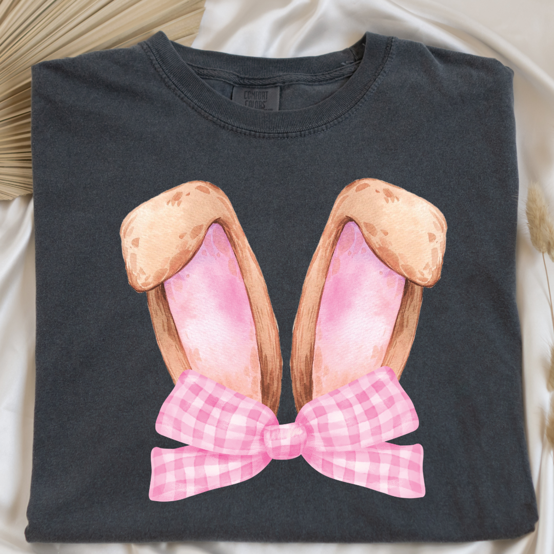 Customized bunny ears silhouette with pink gingham bow watercolor adult pepper vintage black comfort color tee matching youth available 