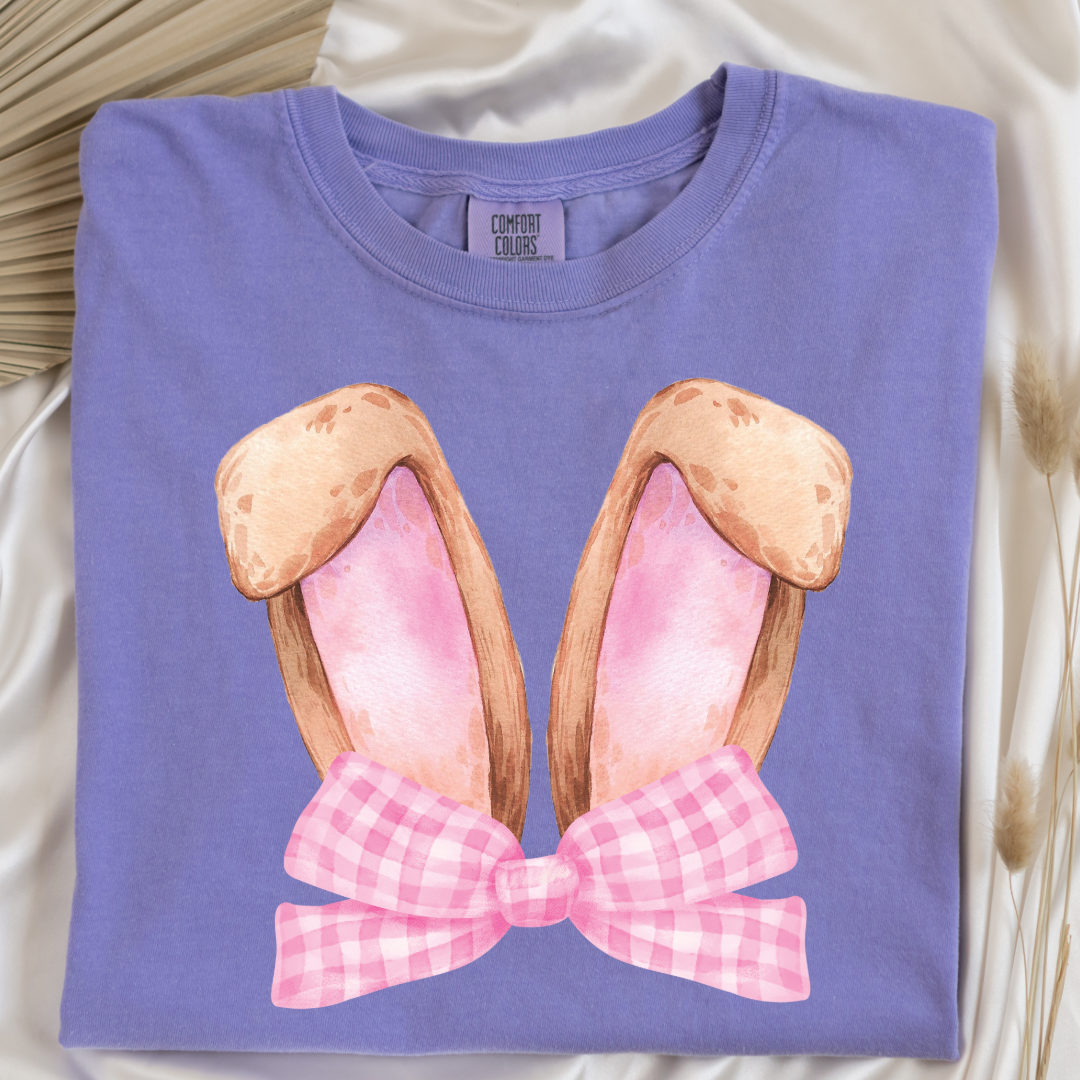 Customized bunny ears silhouette with pink gingham bow watercolor adult violet comfort color tee matching youth available 