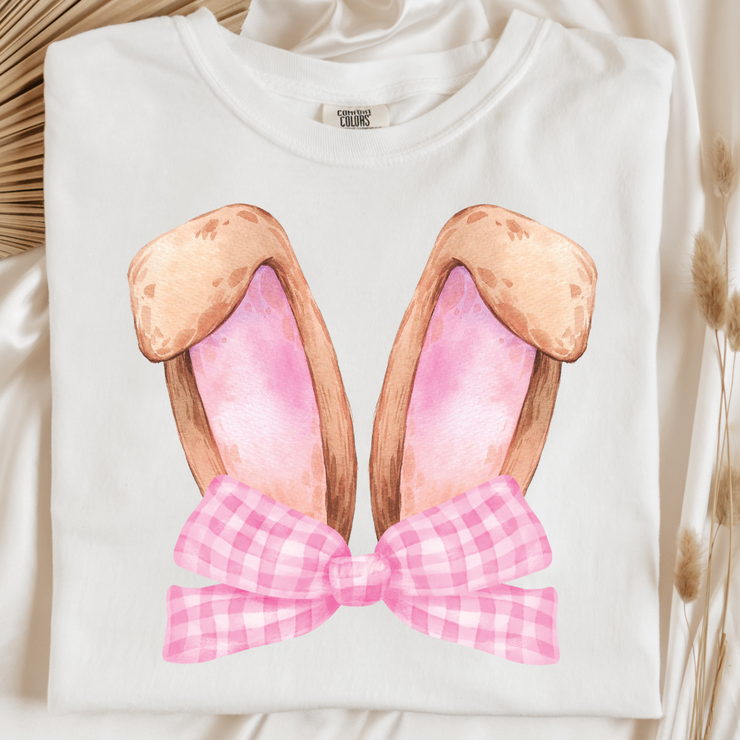 Customized bunny ears silhouette with pink gingham bow watercolor adult white comfort color tee matching youth available 