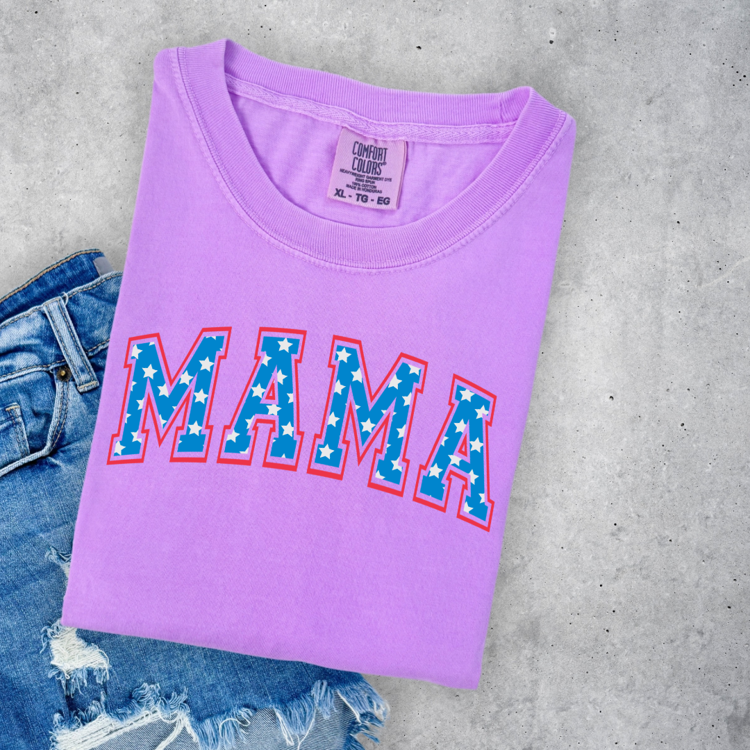 Customized adult Comfort Colors Neon Violet Graphic Tee  with Seasonal 4th of July University style Font MAMA blue with white stars outlined un red , This style is available in adult  Graphic Tees as well as adult crewnecks and hoodies .Available In DAD, MAMA and MINI. 