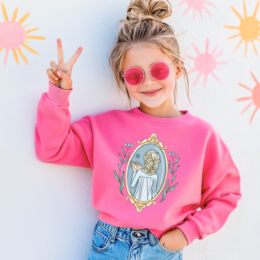 Customized youth hot pink crewneck Disney Princess Elsa back silhouette in a gold mirror with flower vines up the side. Designs are available in Adult and youth graphic tees as well as youth and adult crewnecks and adult hoodies. 