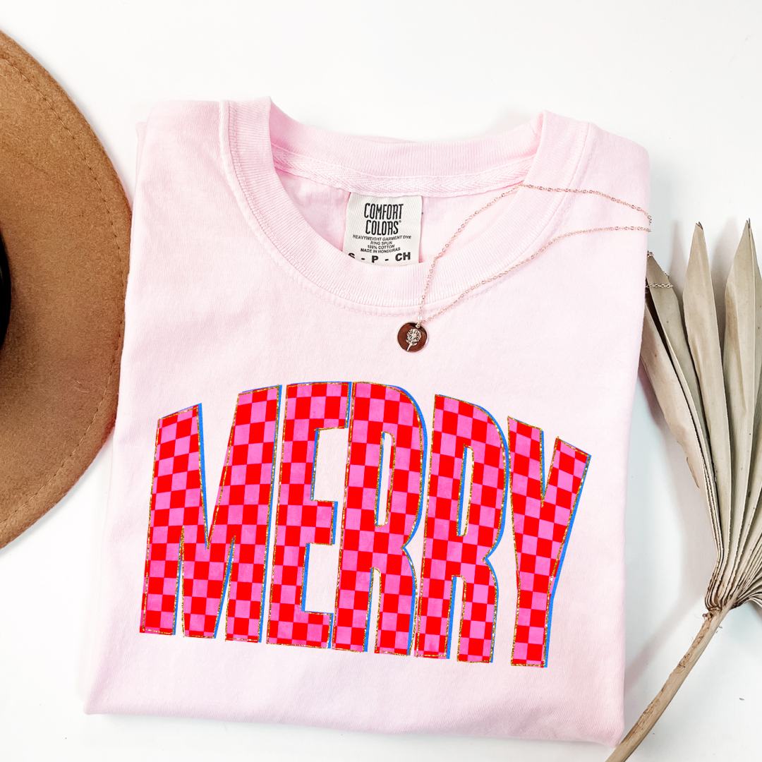 Festive Checkered Merry Graphic Tee and Crewneck