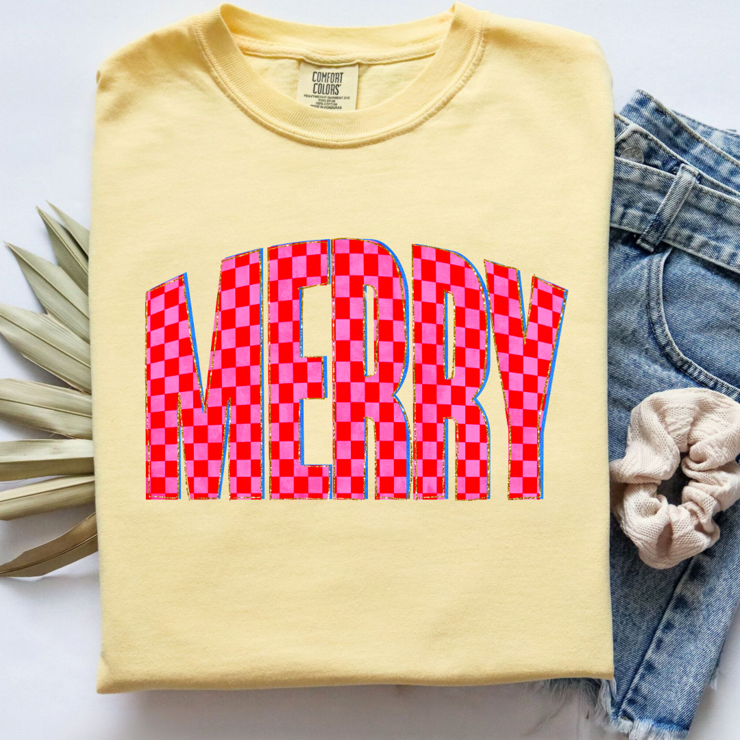 Festive Checkered Merry Graphic Tee and Crewneck
