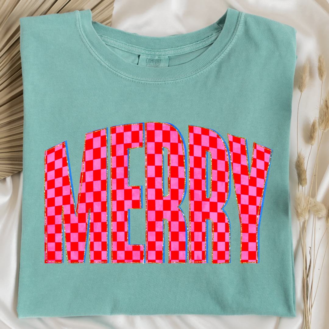 Festive Checkered Merry Graphic Tee and Crewneck