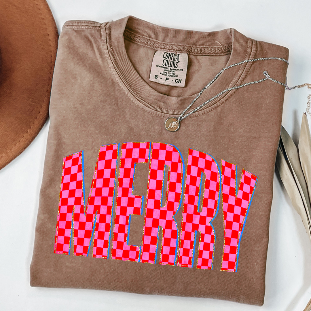 Festive Checkered Merry Graphic Tee and Crewneck