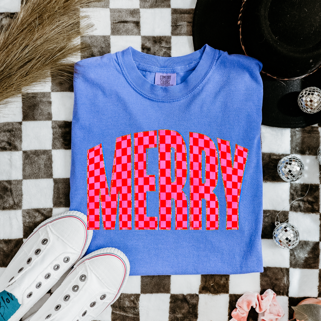 Youth Festive Checkered Merry Graphic Tee and Crewneck