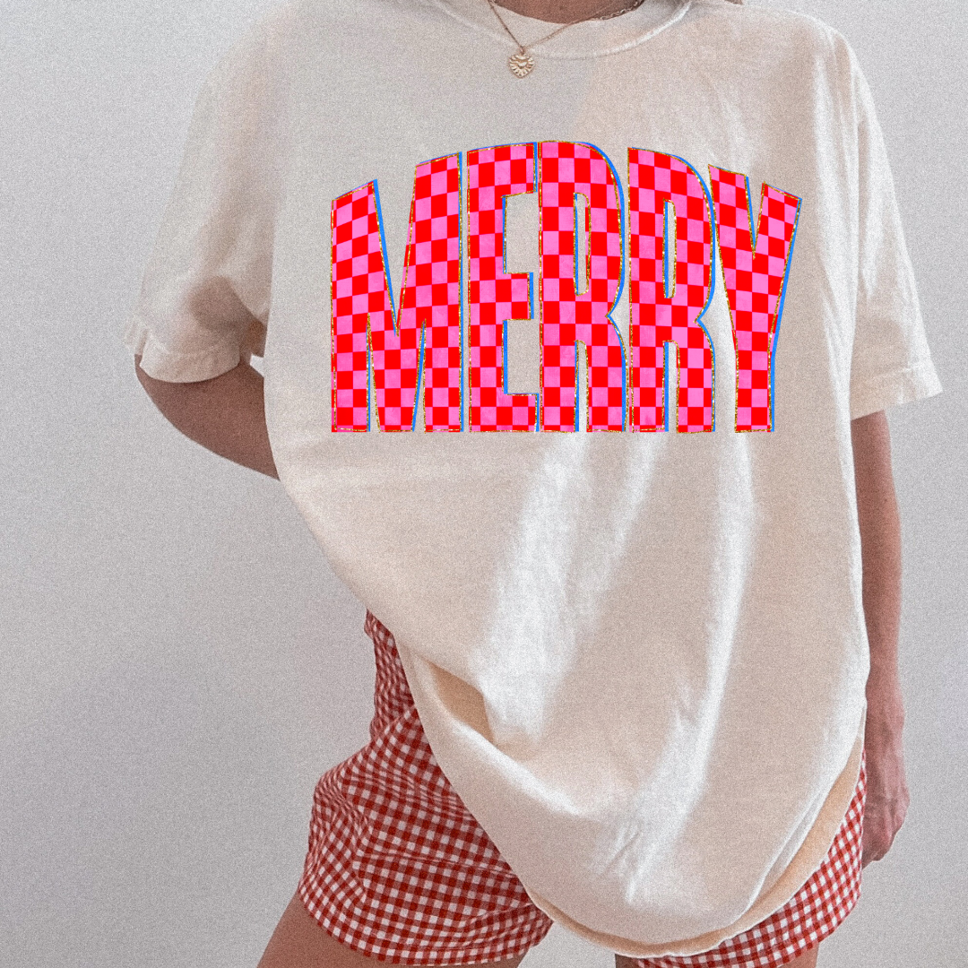 Festive Checkered Merry Graphic Tee and Crewneck