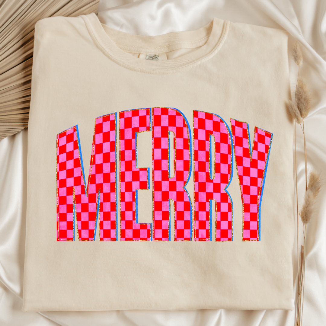 Festive Checkered Merry Graphic Tee and Crewneck