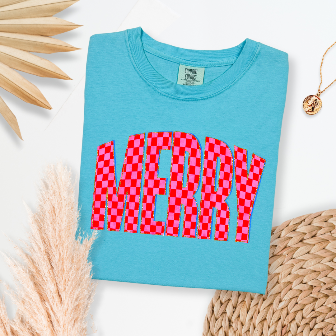 Festive Checkered Merry Graphic Tee and Crewneck