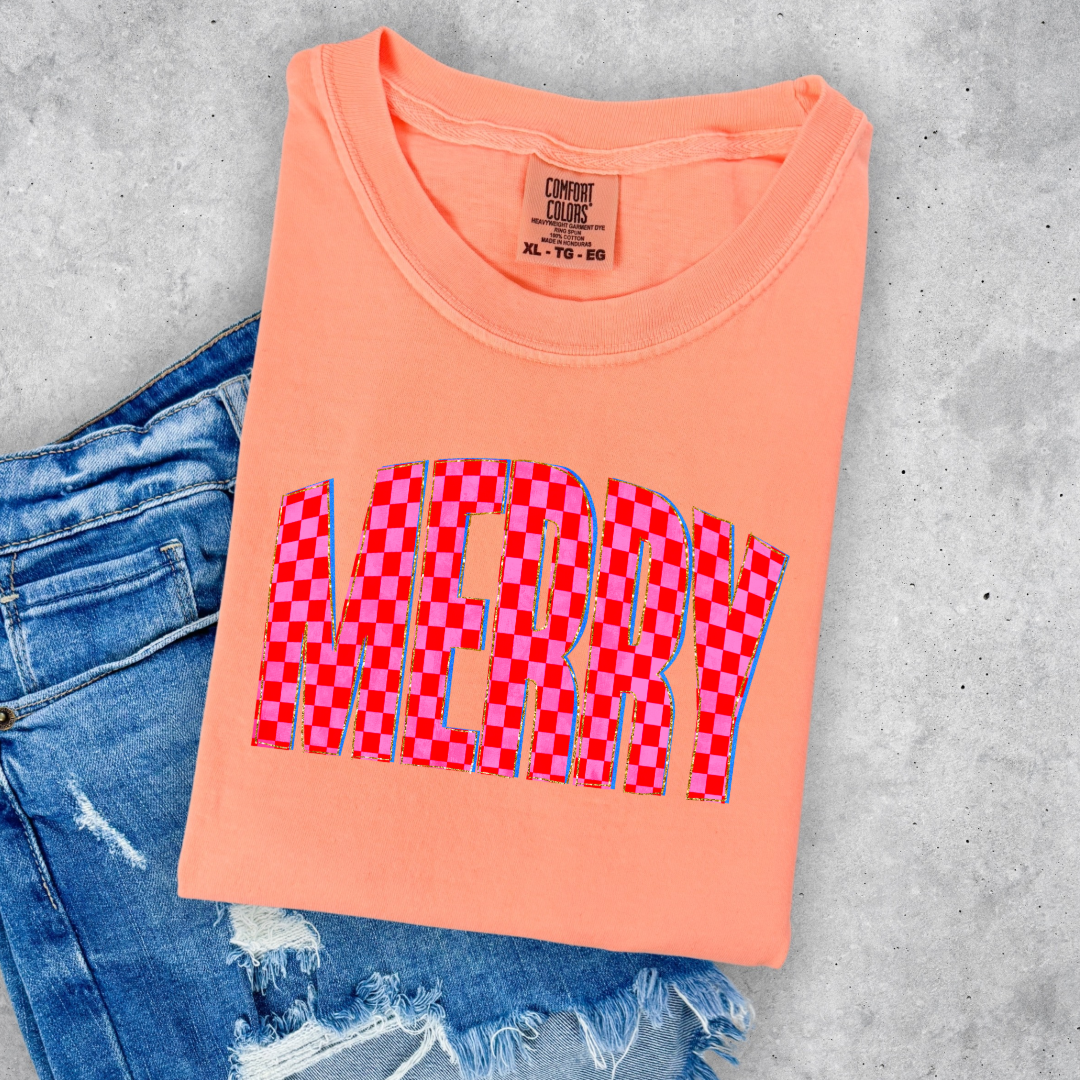 Festive Checkered Merry Graphic Tee and Crewneck