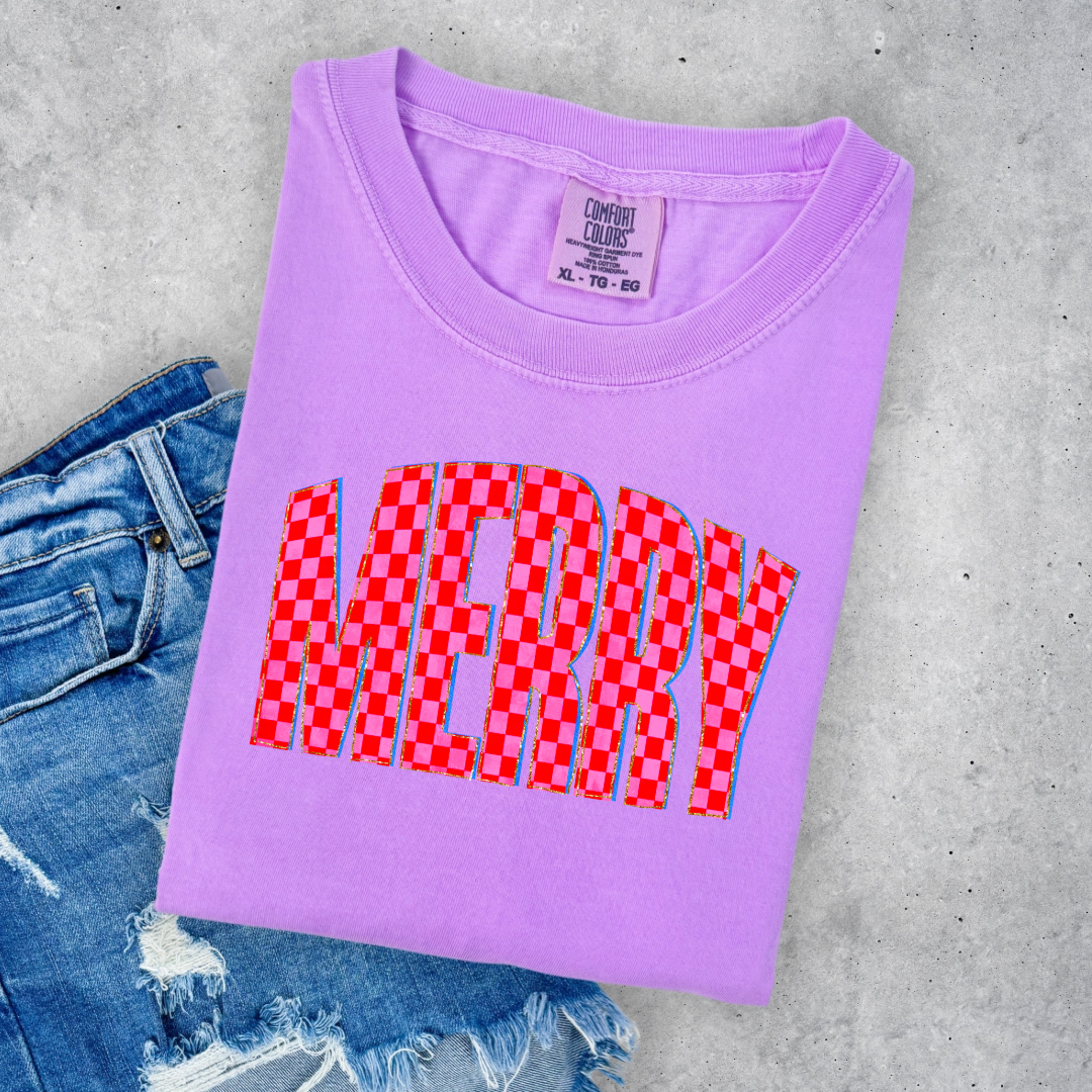 Youth Festive Checkered Merry Graphic Tee and Crewneck