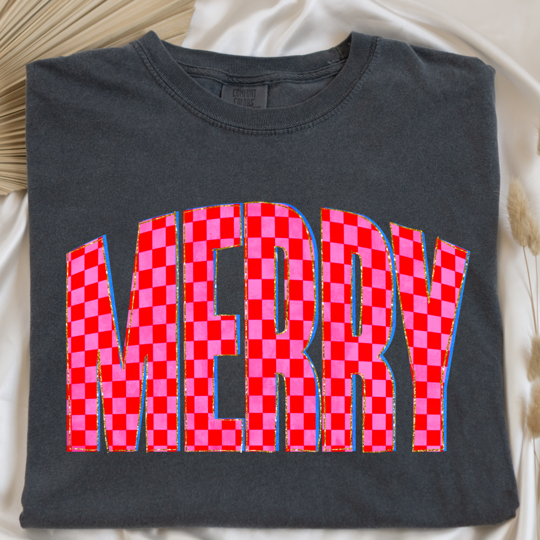 Festive Checkered Merry Graphic Tee and Crewneck