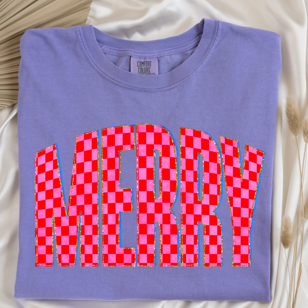 Festive Checkered Merry Graphic Tee and Crewneck