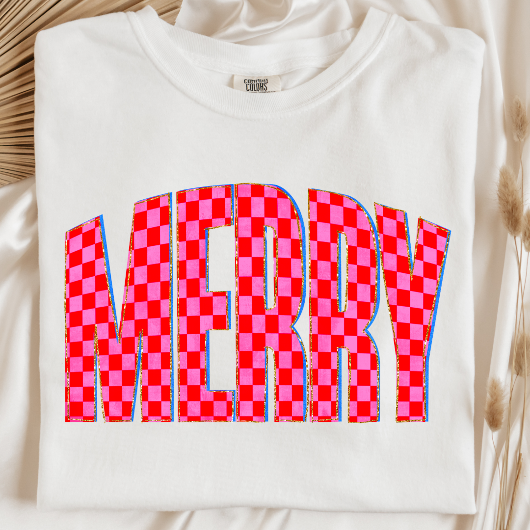Festive Checkered Merry Graphic Tee and Crewneck