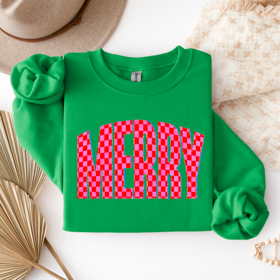 Festive Checkered Merry Graphic Tee and Crewneck
