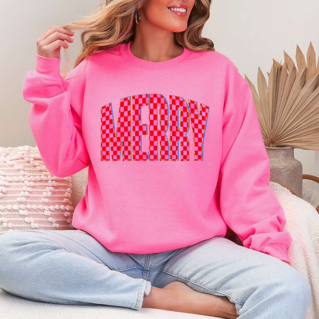 Festive Checkered Merry Graphic Tee and Crewneck