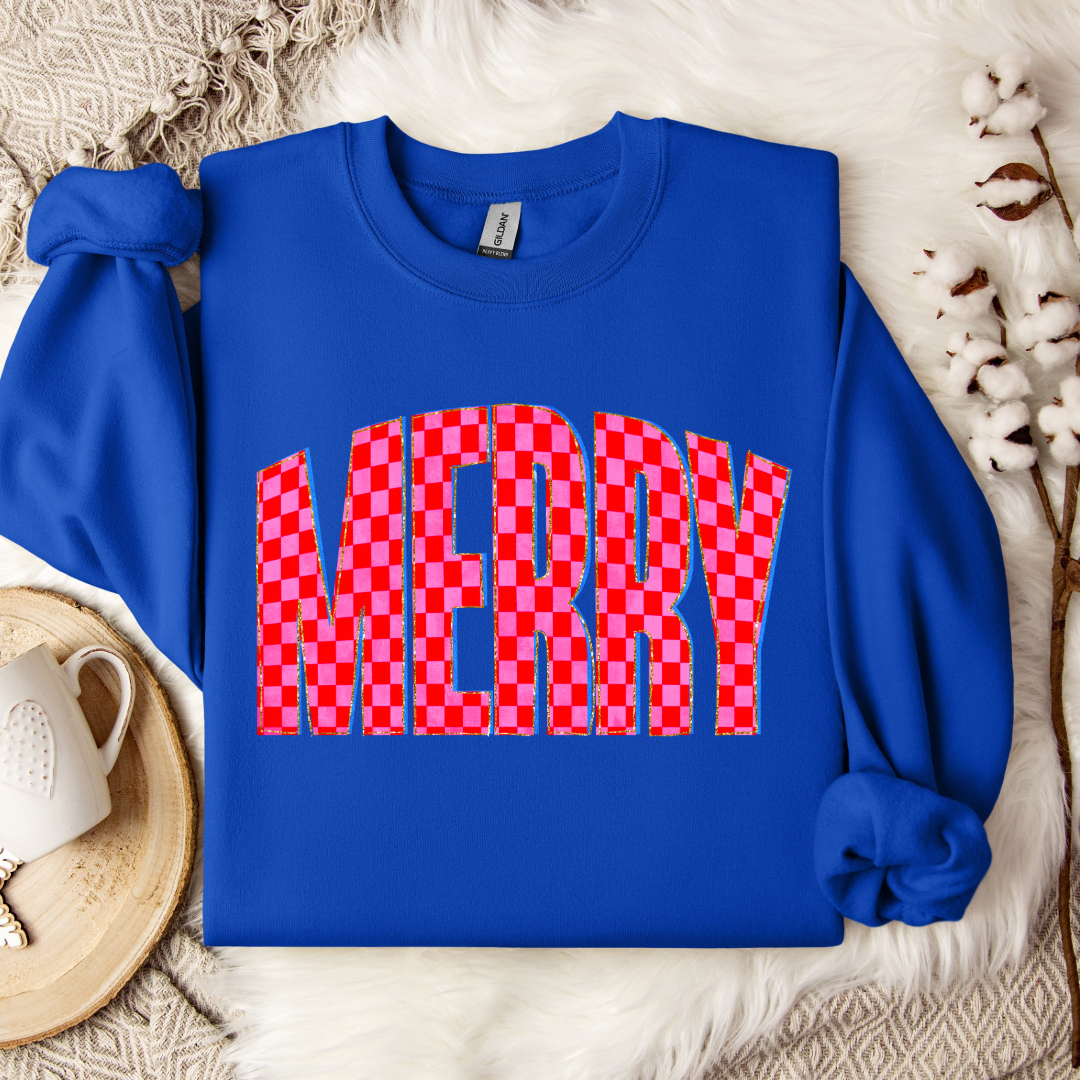 Festive Checkered Merry Graphic Tee and Crewneck