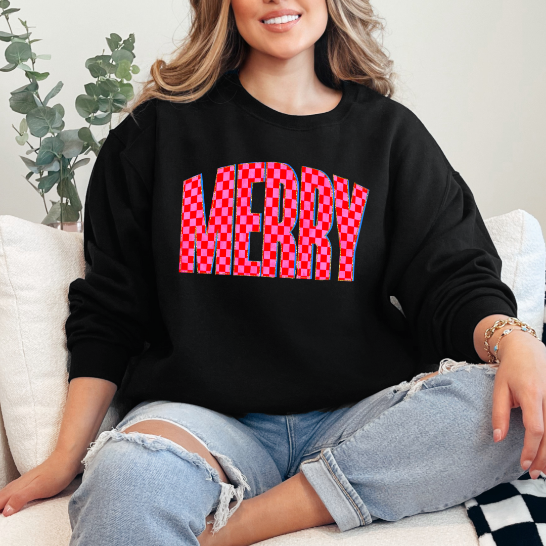Festive Checkered Merry Graphic Tee and Crewneck