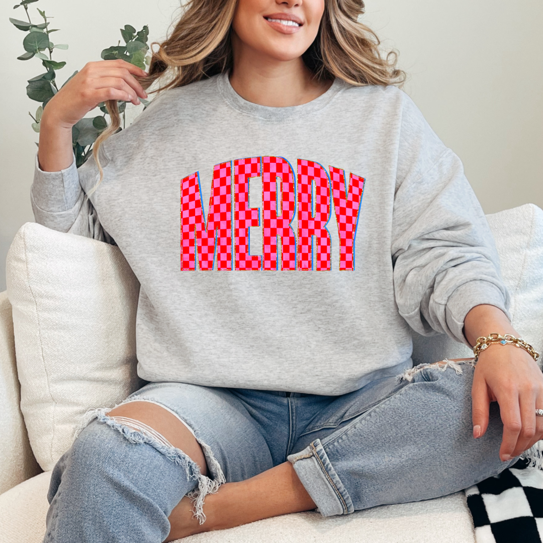 Festive Checkered Merry Graphic Tee and Crewneck