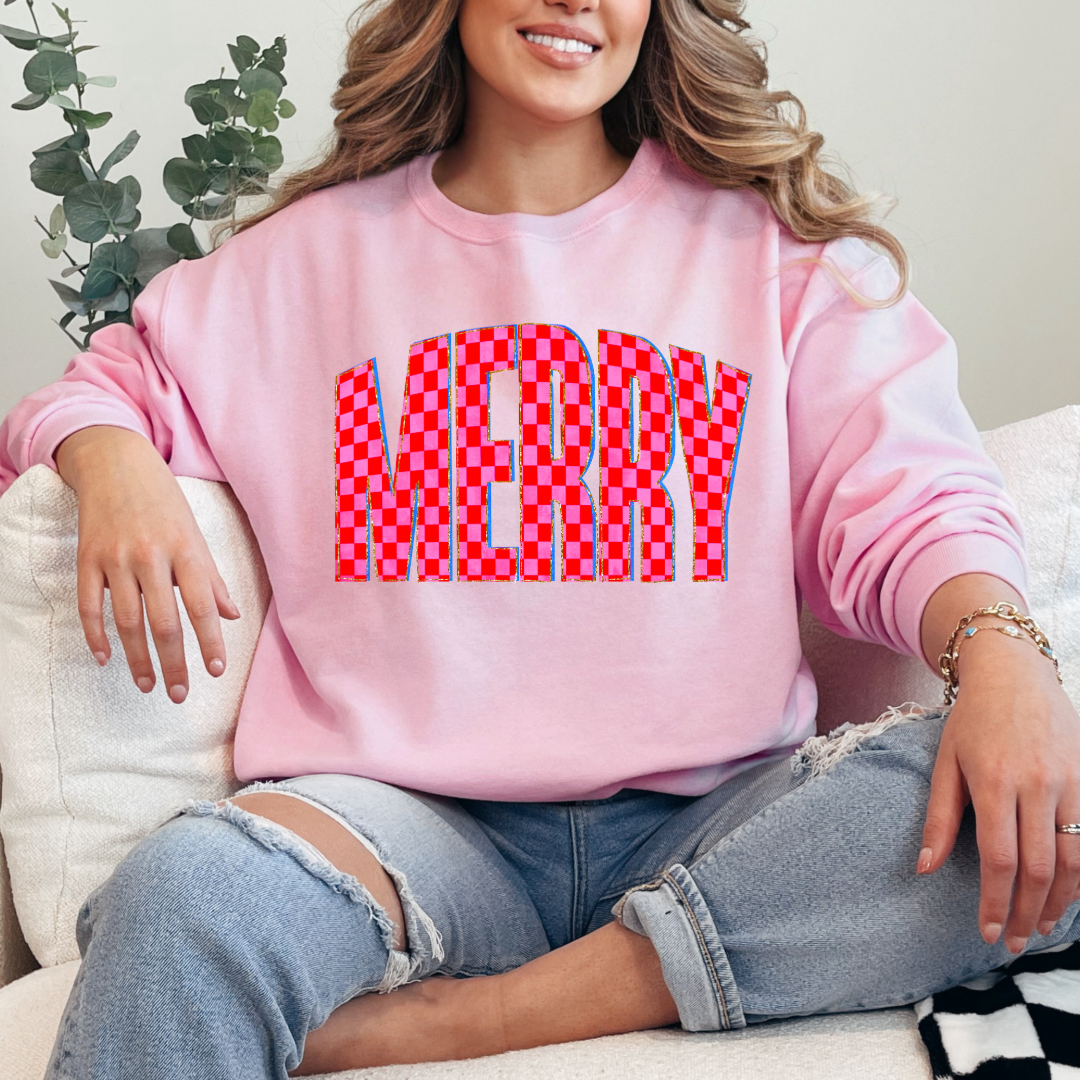 Festive Checkered Merry Graphic Tee and Crewneck