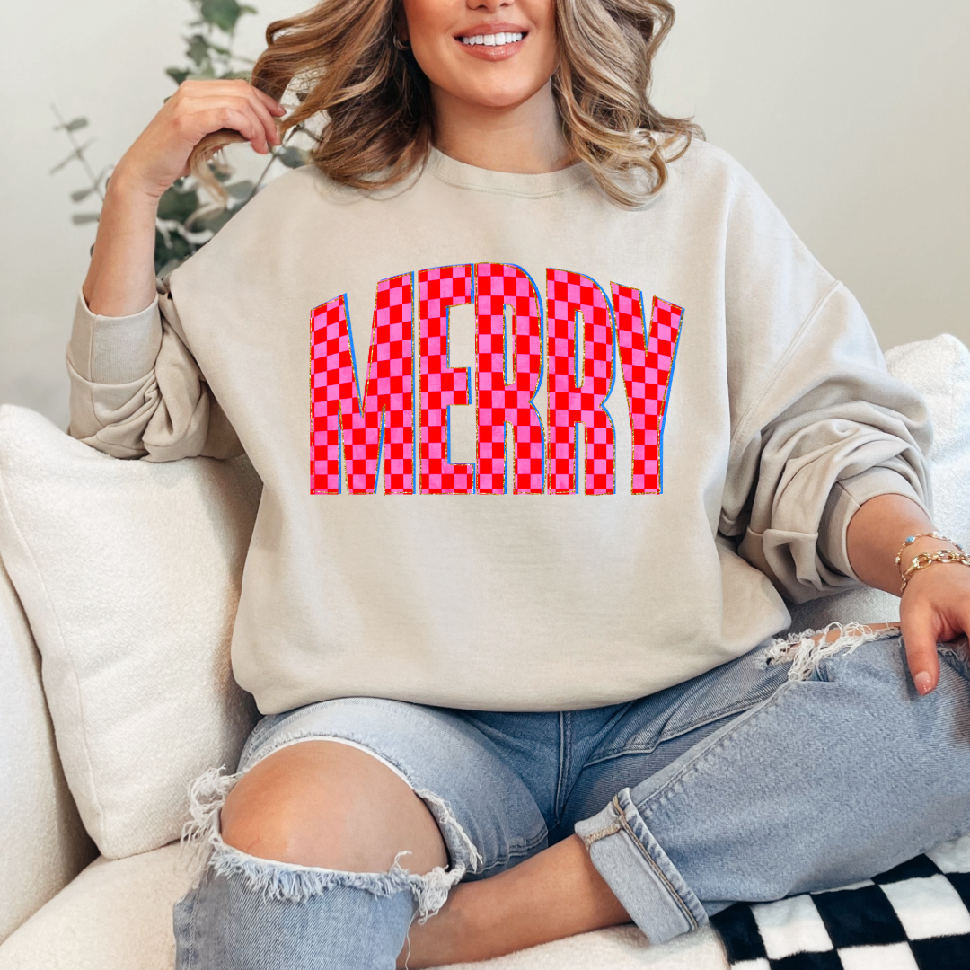Festive Checkered Merry Graphic Tee and Crewneck