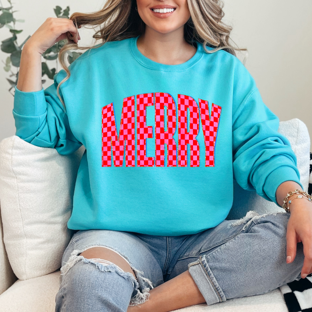 Festive Checkered Merry Graphic Tee and Crewneck
