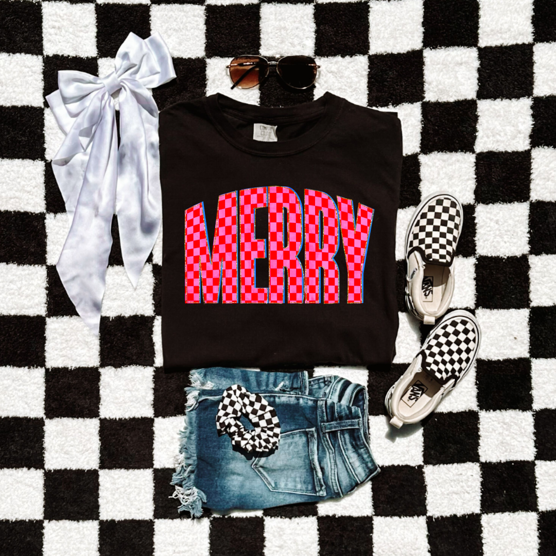 Youth Festive Checkered Merry Graphic Tee and Crewneck
