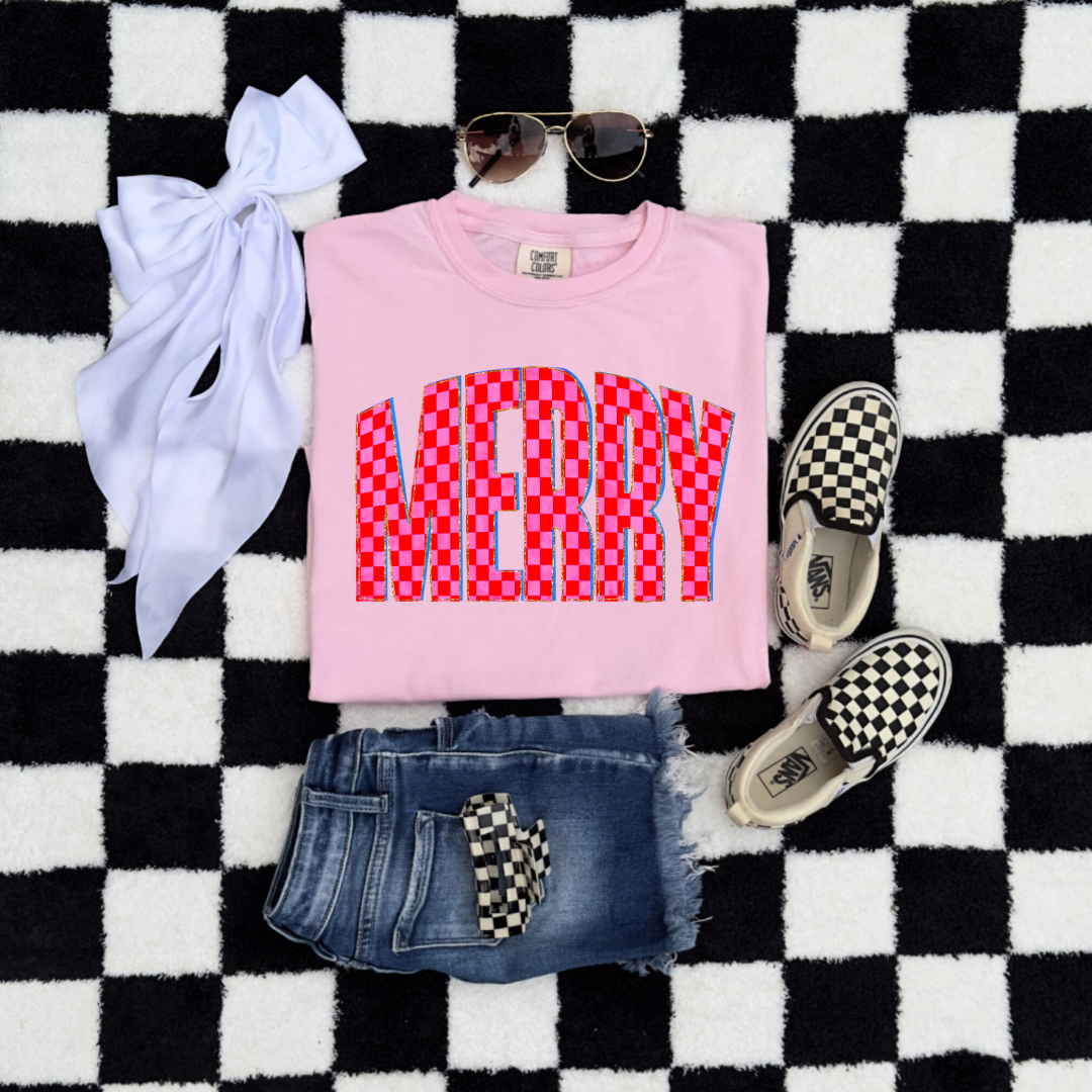 Youth Festive Checkered Merry Graphic Tee and Crewneck