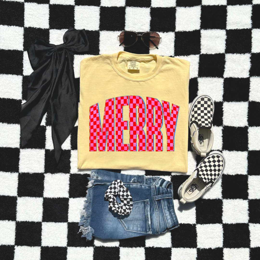 Youth Festive Checkered Merry Graphic Tee and Crewneck