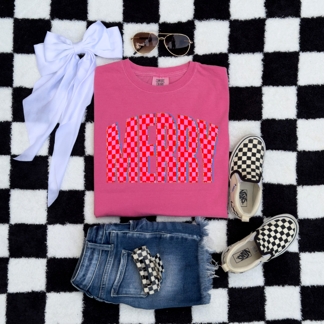 Youth Festive Checkered Merry Graphic Tee and Crewneck