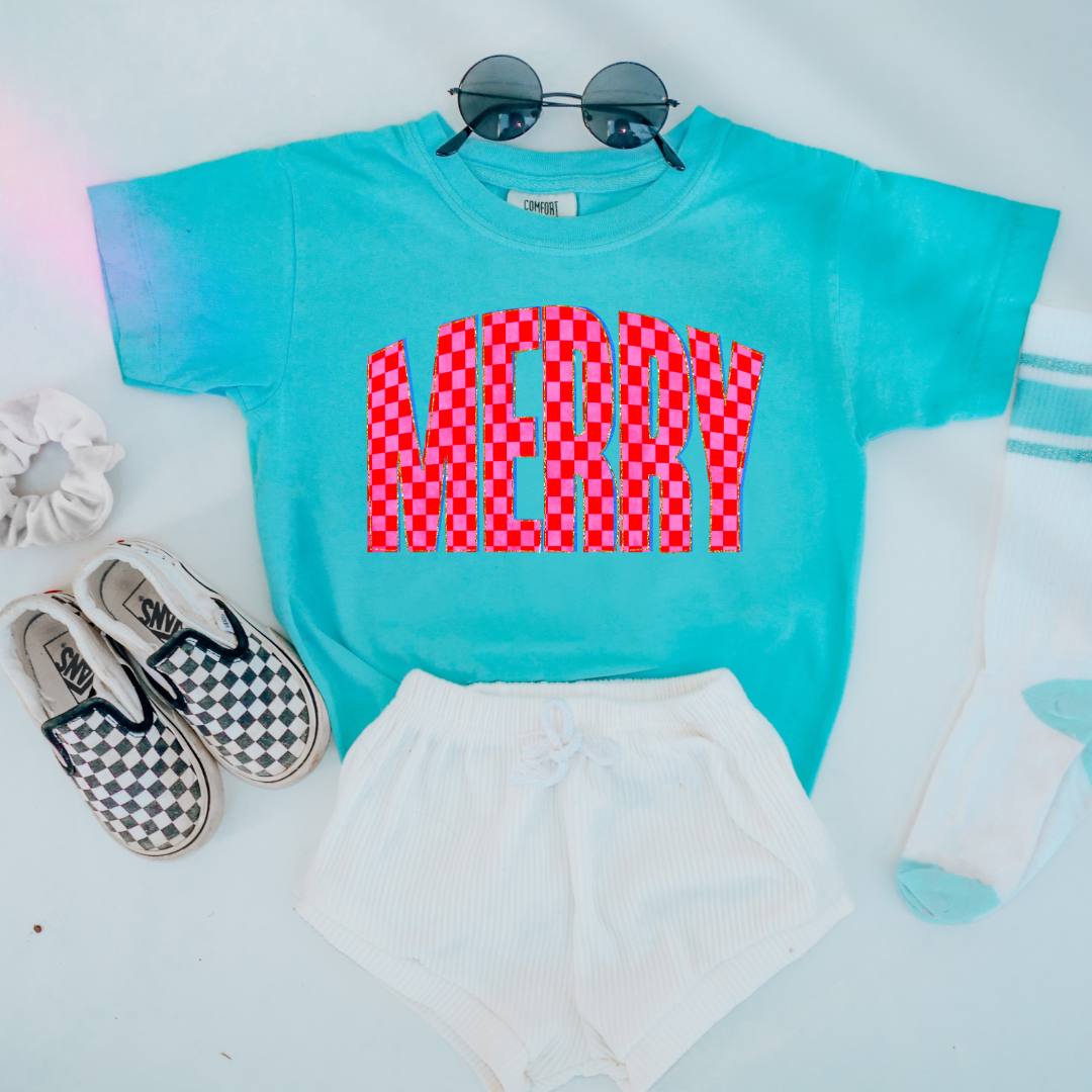 Youth Festive Checkered Merry Graphic Tee and Crewneck