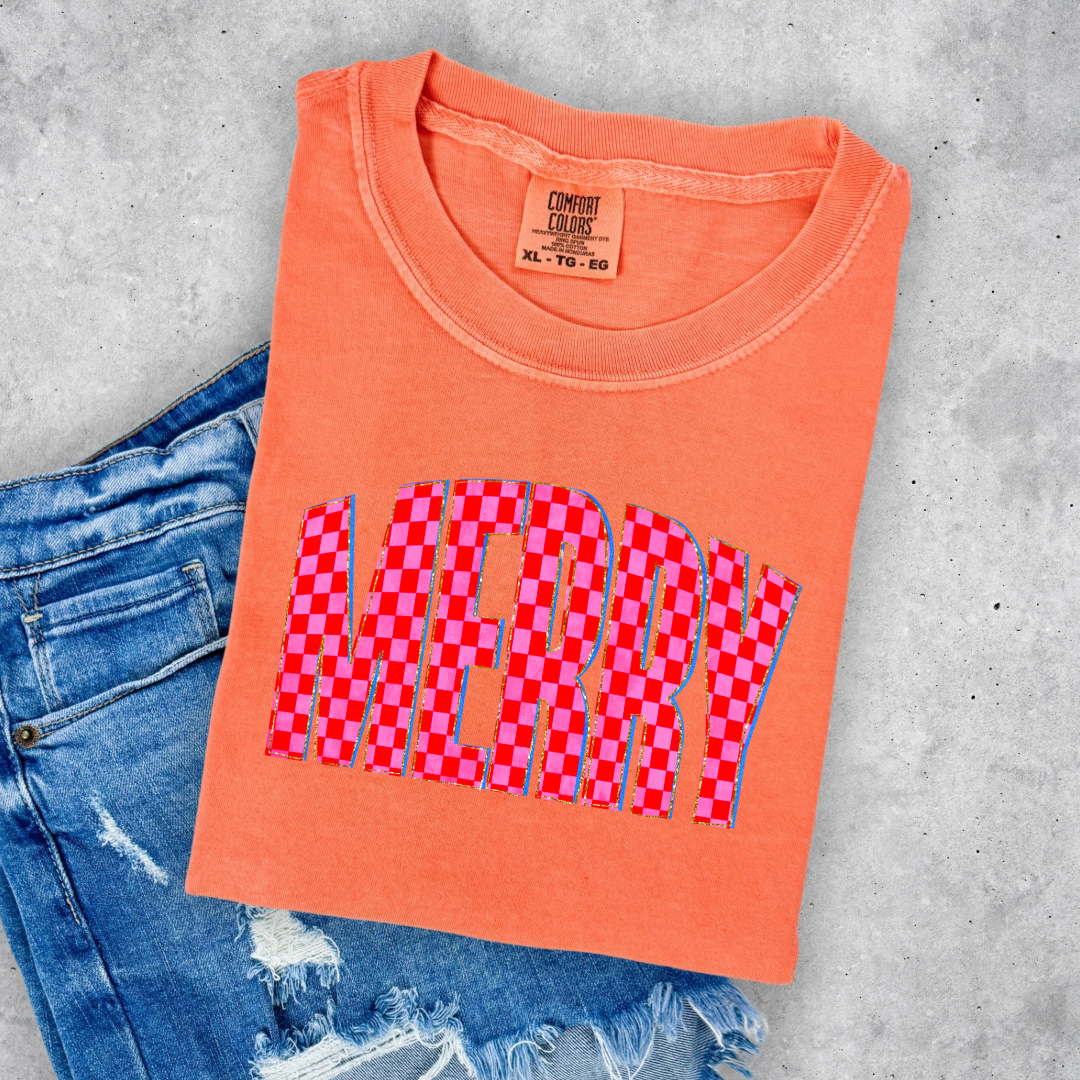 Youth Festive Checkered Merry Graphic Tee and Crewneck