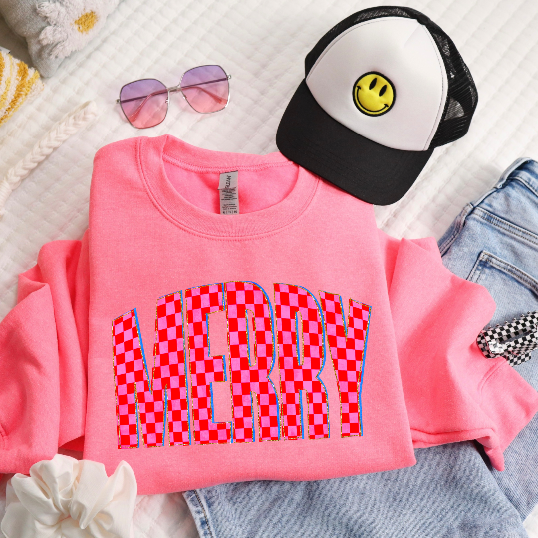 Youth Festive Checkered Merry Graphic Tee and Crewneck