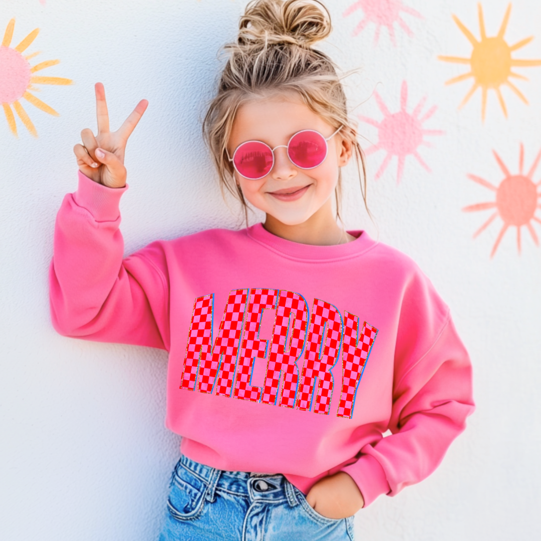 Youth Festive Checkered Merry Graphic Tee and Crewneck