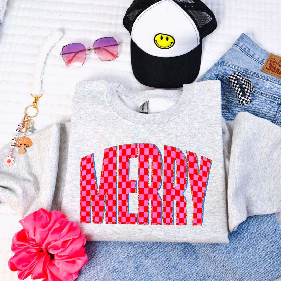 Youth Festive Checkered Merry Graphic Tee and Crewneck