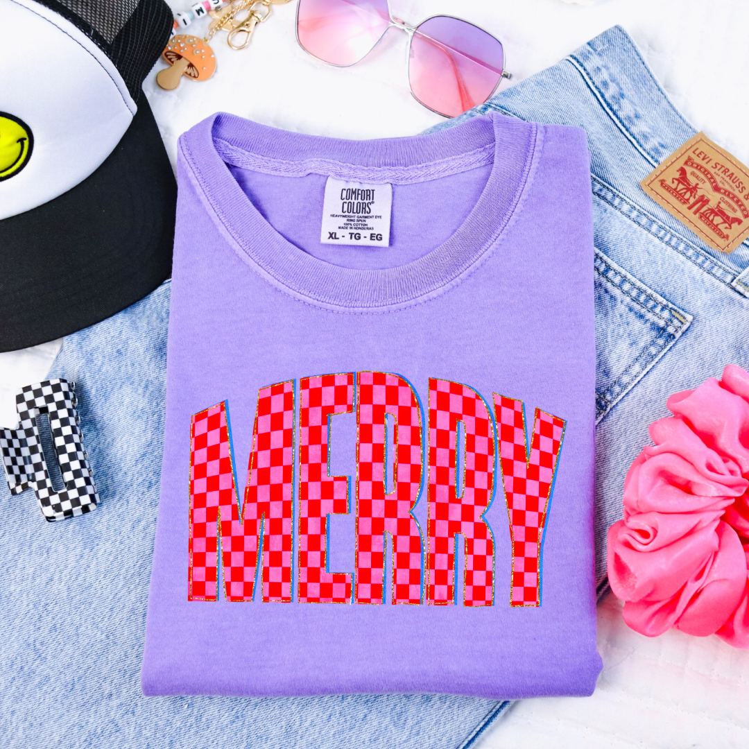 Youth Festive Checkered Merry Graphic Tee and Crewneck
