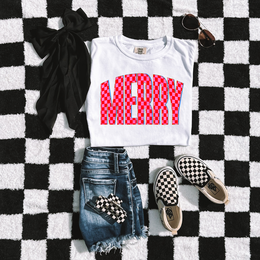 Youth Festive Checkered Merry Graphic Tee and Crewneck