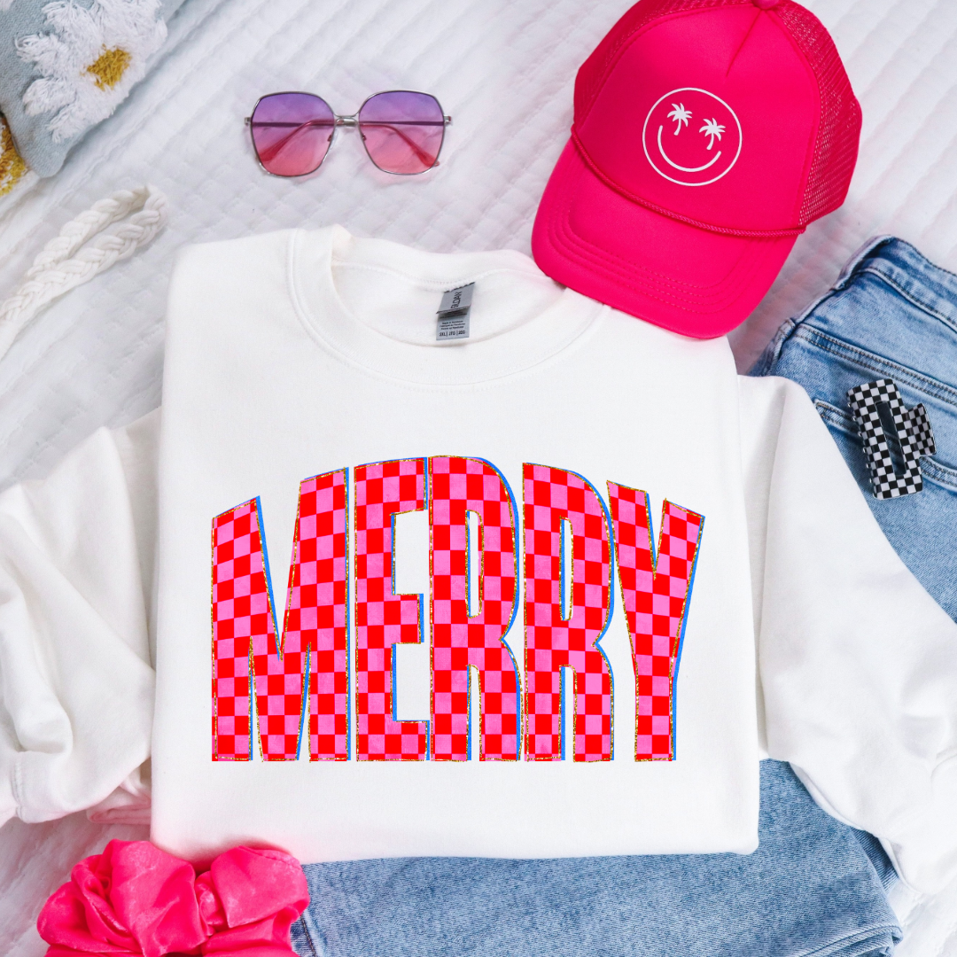 Youth Festive Checkered Merry Graphic Tee and Crewneck
