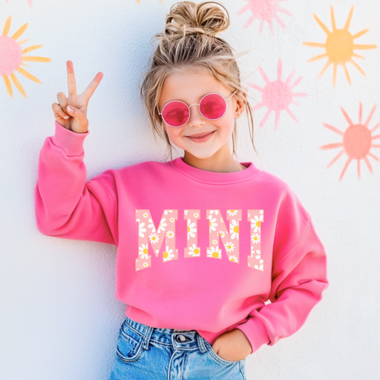 Youth Pink crewneck with pink and yellow daisies customized. matching mama tee and crew available. 