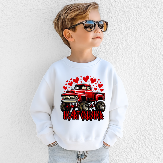 Customizable Youth white Boys heart crusher monster truck Valentines Crewneck 