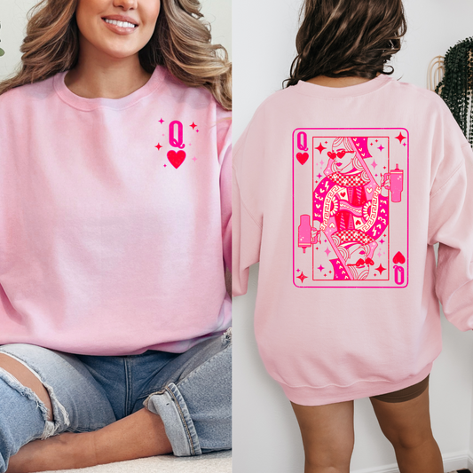 Customized adult Pink crewneck with Pink and red queen of hearts back with pocket Q 