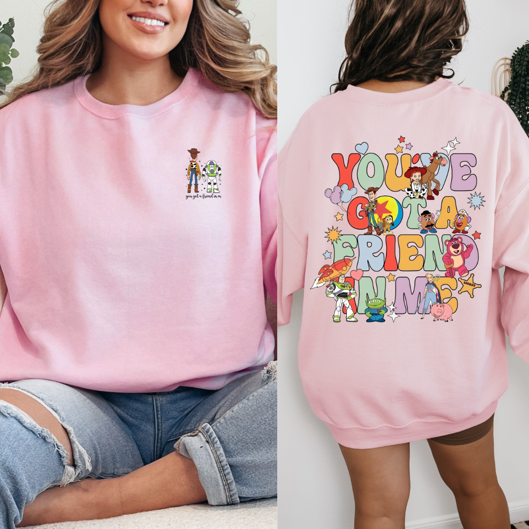 Customized Adult light Pink Toy Story you've got a friend in me front and back crewneck matching youth tee and crewnecks available