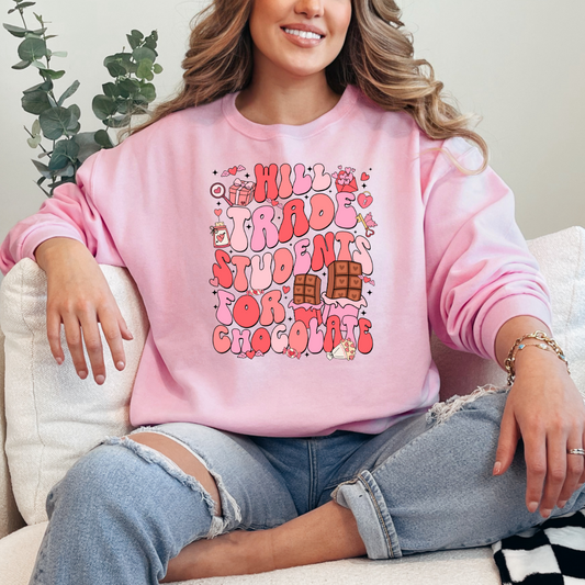 Customized adult light Pink Crewneck will trade students for chocolate bubble letters pink and red